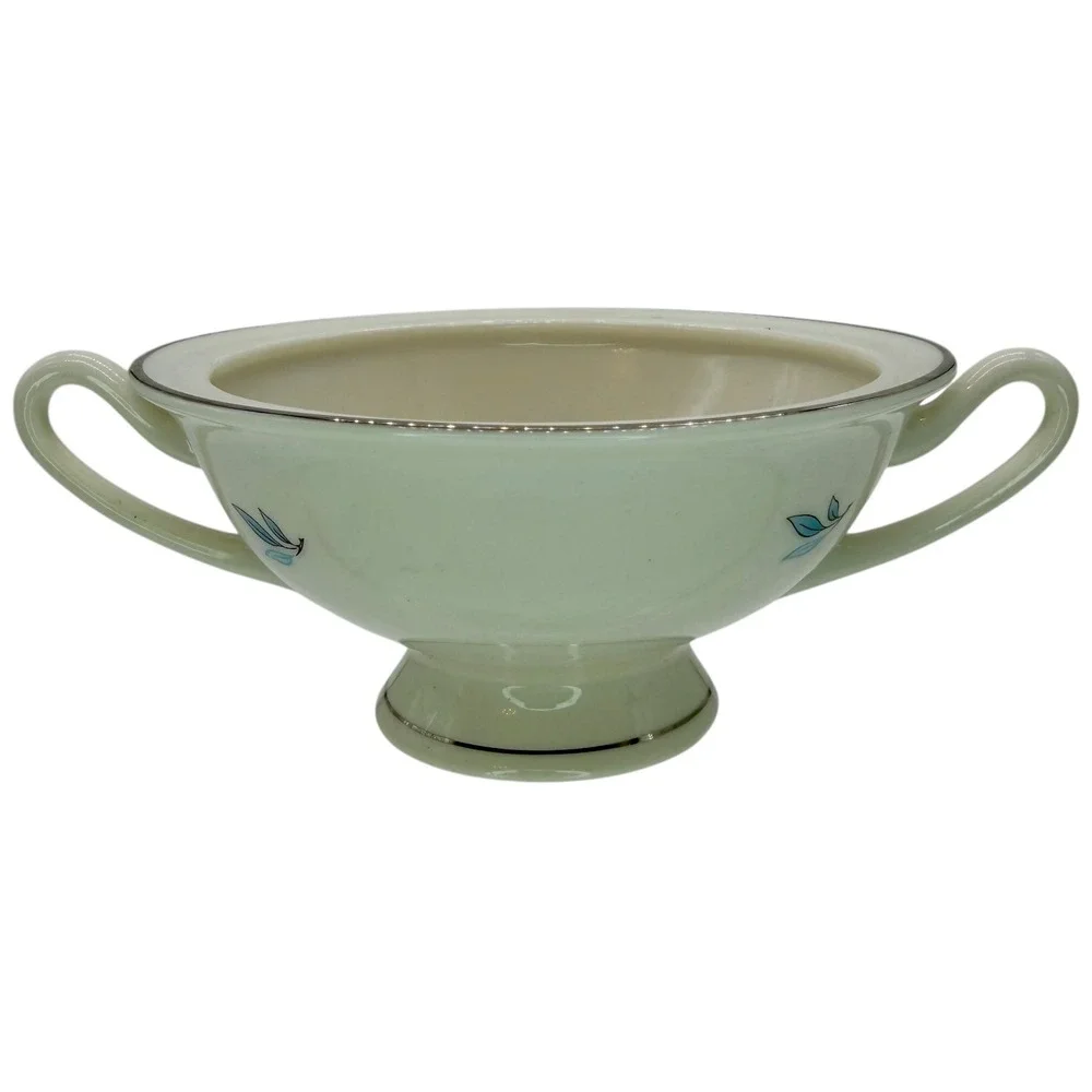 Syracuse China Celeste Cream Soup Bowl Blue‎ Leaf Platinum Trim Double Handle